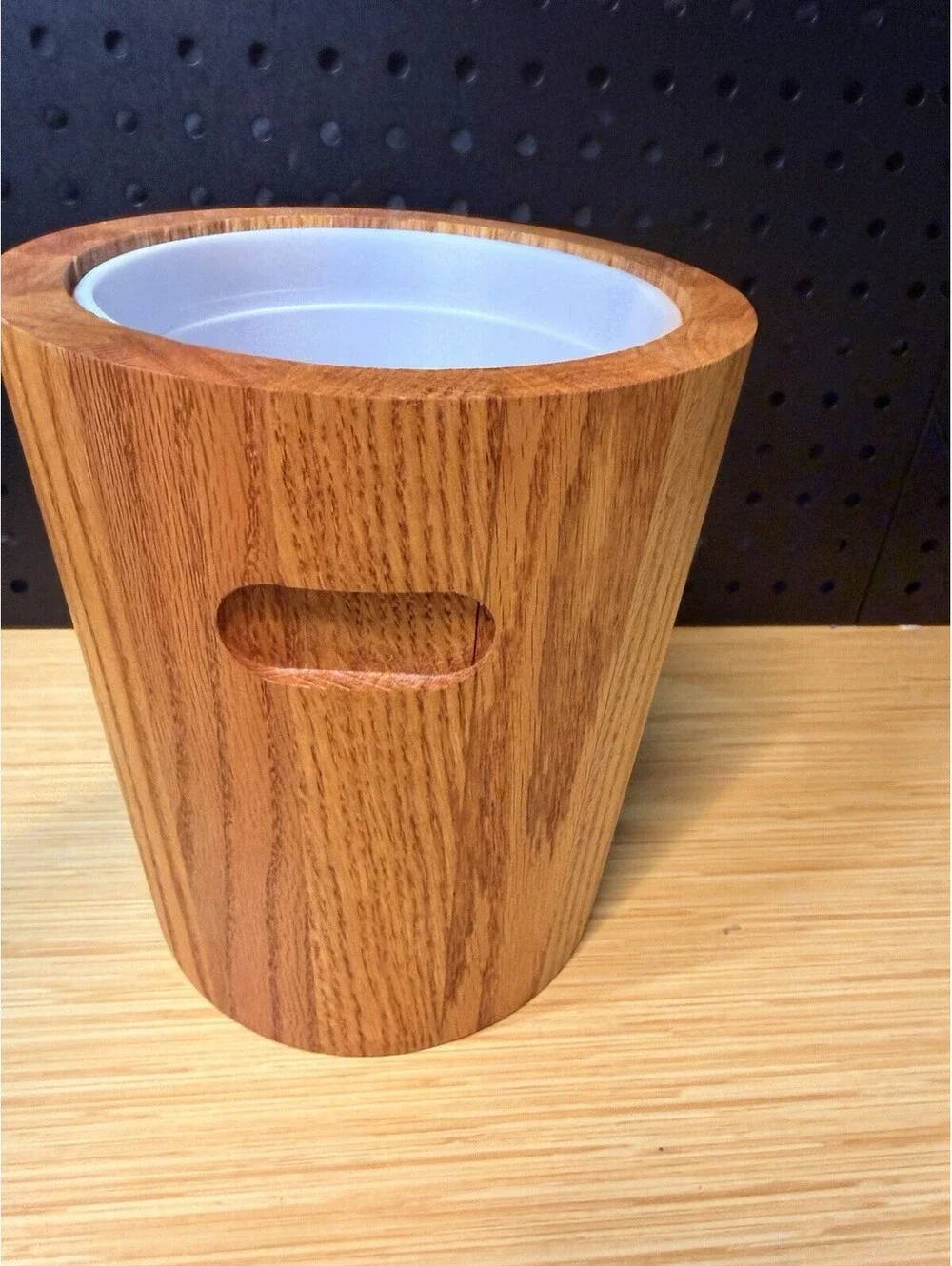 Vintage MCM Solid Wood Ice Bucket with Removeable Plastic Liner